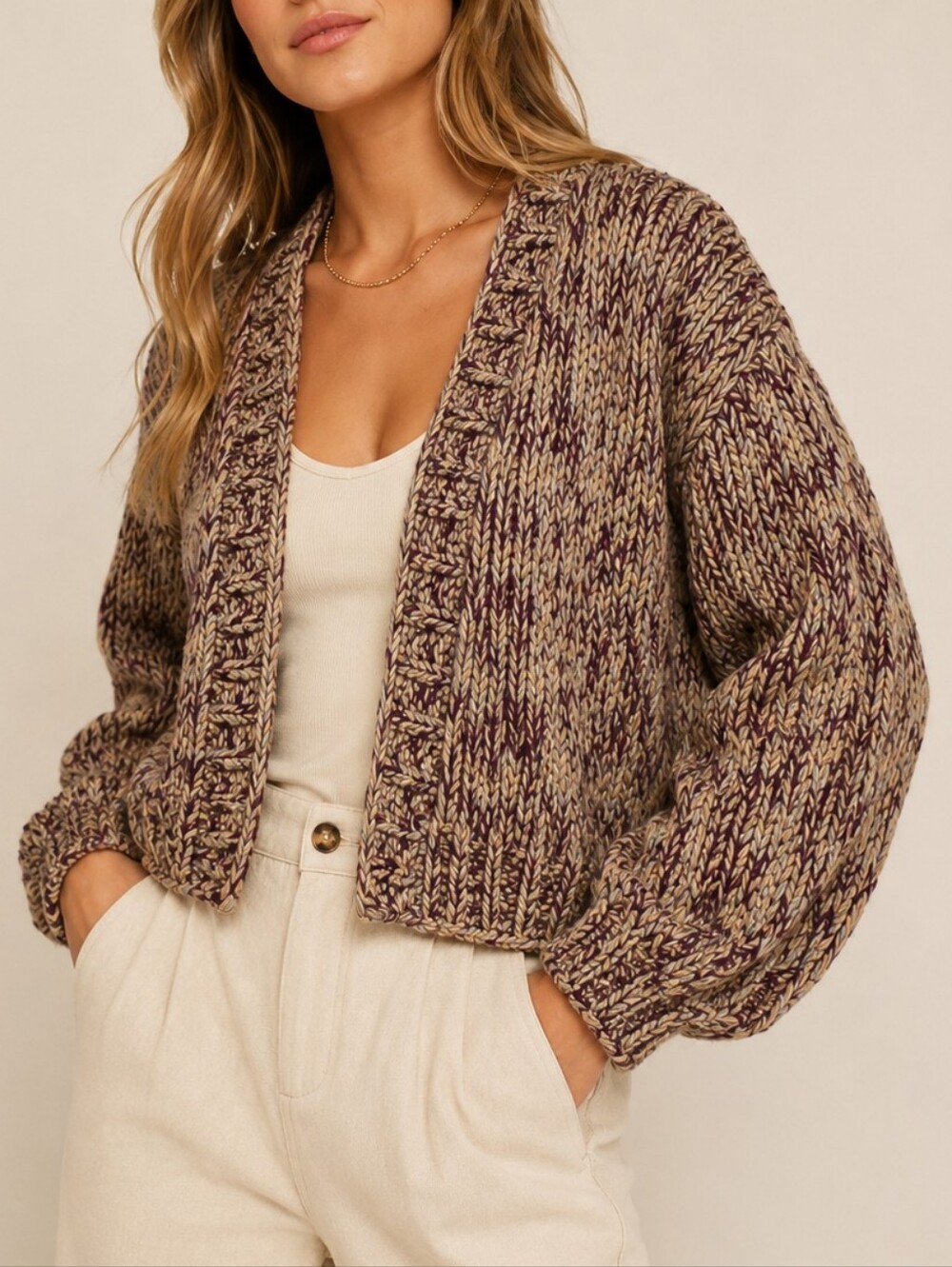 Sage The Label Chunky Knit Open Cardigan Marled Purple Beige Women's Size Small